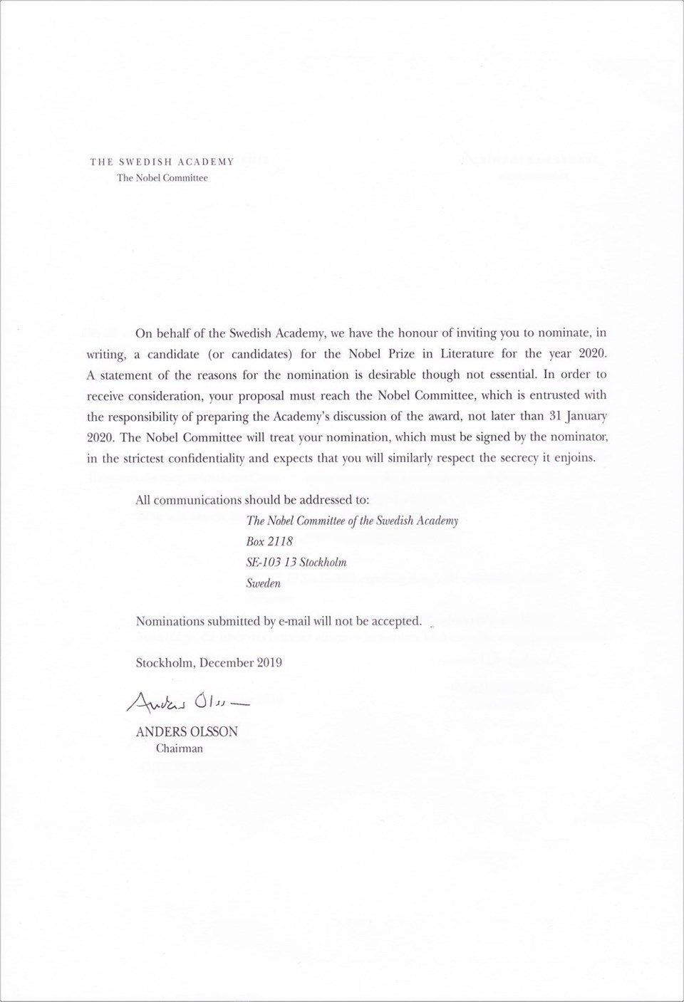 Letter from the Nobel Committee